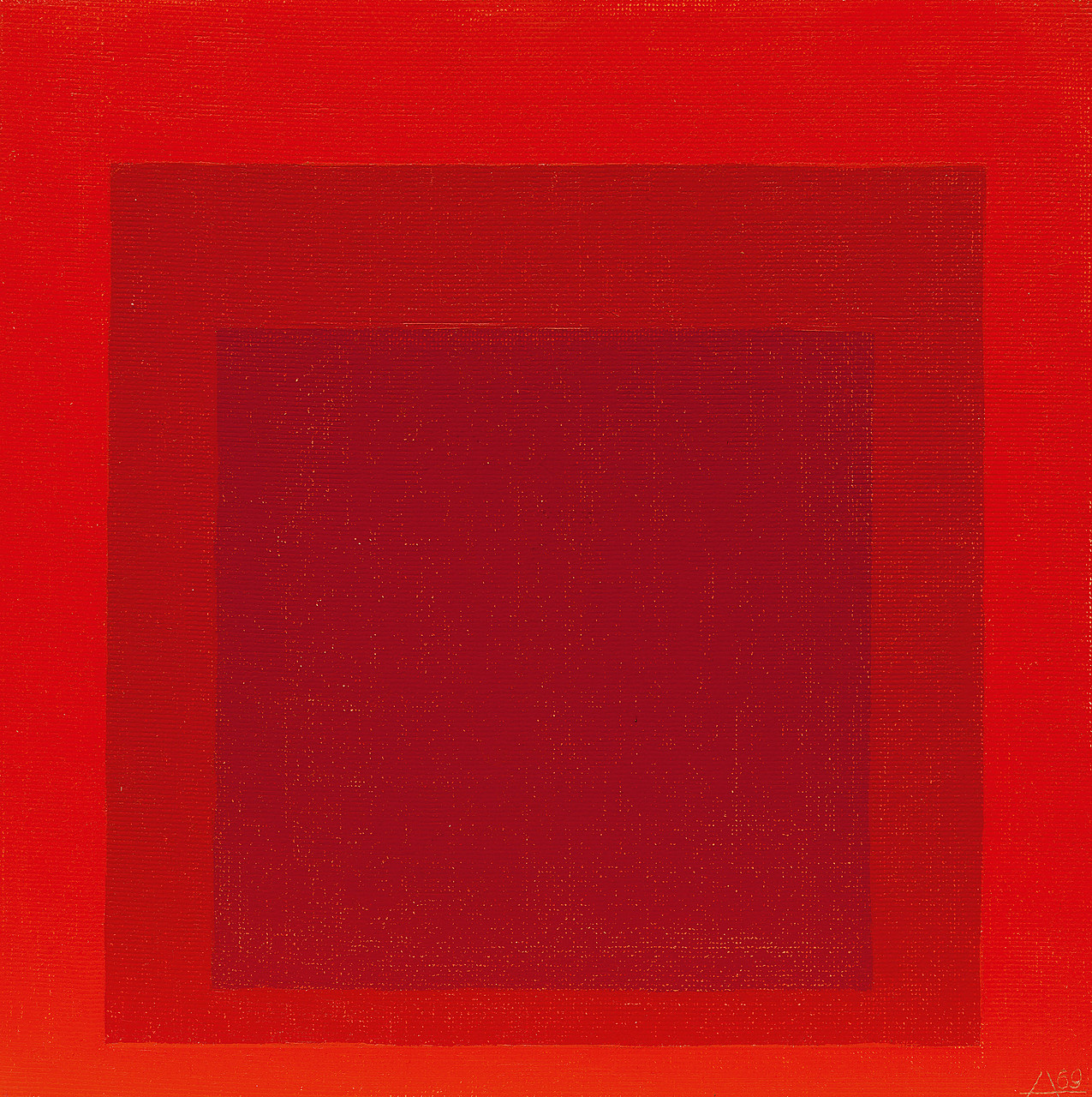 Abstract painting of nested squares in contrasting red tones.